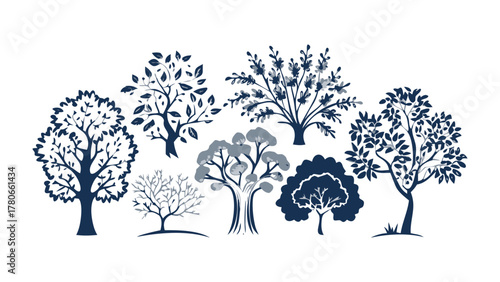 Artistic Tree Collection: A series of artistically designed trees, each with unique silhouettes, stand gracefully, perfect for adding an artistic touch to your designs.