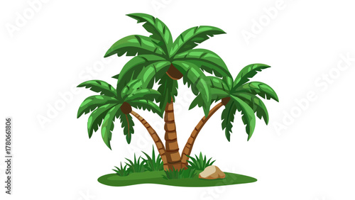 Tropical Trio: An illustration showcasing three lush palm trees, their vibrant green fronds swaying gently above a patch of green grass.