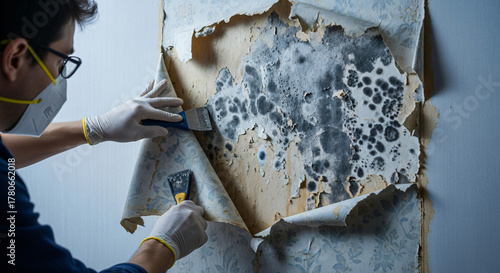 Remediation expert documenting severe black mold in a bedroom