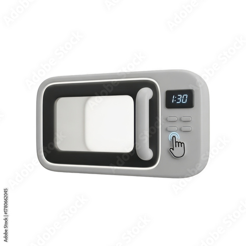 Gray Microwave Oven with a Digital Display Showing 1:30 and a Finger Pressing a Button Keywords: microwave, oven, kitchen appliance, cooking, heating, food isolated on a transparent background