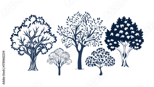 Ink Silhouettes of Woodland Trees: Elegant line art of diverse trees showcasing unique forms and textures. Perfect for projects seeking a touch of natural artistry.