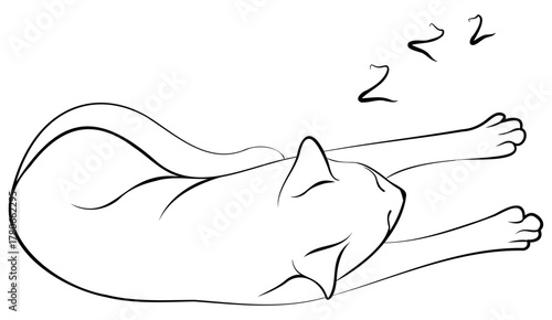 Cat sleeping with its front paws outstretched, viewed from above. Vector black line silhouette of the letter Z. Simple, cheerful pencil sketch. Isolated doodle drawing of sleepy pet.