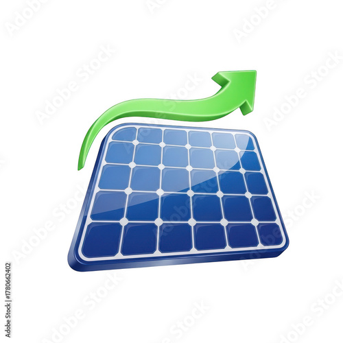 Green Arrow Showing Upward Trend Above Blue Solar Panel on Background renewable energy green energy isolated on a transparent background