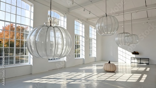 Modern Minimalist Interior with Large Windows and Artistic Hanging Glass Lights