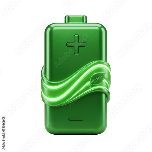 Green battery icon with a glowing ribbon and leaf symbol representing eco-friendly energy on a background isolated on a transparent background