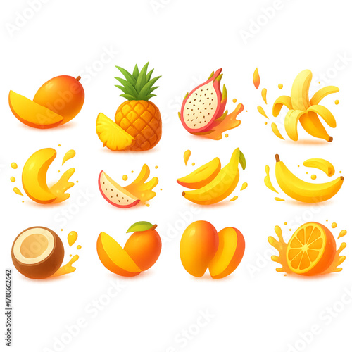 Vibrant collection of cartoon tropical fruits, including sliced mango, pineapple, banana, and orange with fresh juice splashes