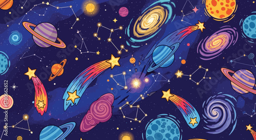 Vibrant Cosmic Art A Whimsical Illustration of Planets, Stars, and Galaxies in Deep Space