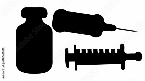 Black silhouettes of a medicine vial, a syringe with needle, and a standard syringe are displayed