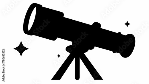 Silhouette of a telescope on a tripod, accompanied by two sparkling stars, on a white backdrop
