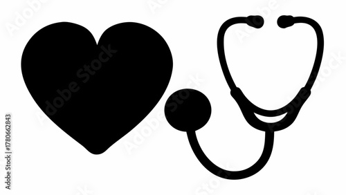 Black heart shape with stethoscope for medical care and cardiology health monitoring symbol concept