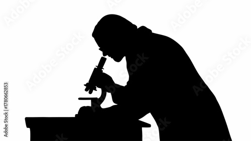 Silhouette of a scientist in lab coat using a microscope for scientific research in a laboratory setting