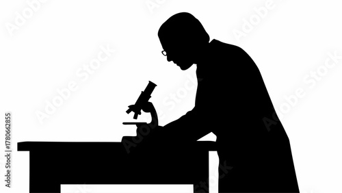Silhouette of scientist examining sample through microscope in a laboratory setting for research and analysis