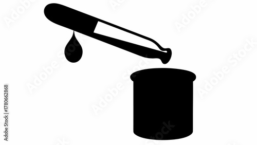 Dropper dispensing liquid into a container in black and white simple vector illustration style art