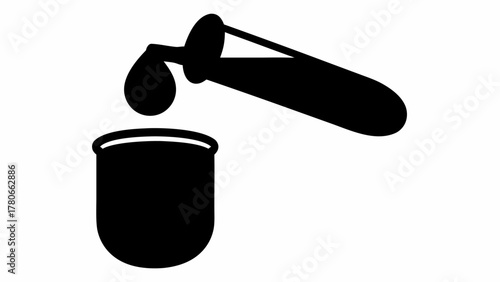Illustration of a test tube pouring liquid into a beaker in black and white laboratory scene
