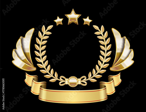 Gold laurel wreath badge with stars, wings, and ribbon on black