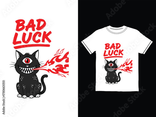 Bad Luck Black Cat with One Eye and Flames T Shirt Design