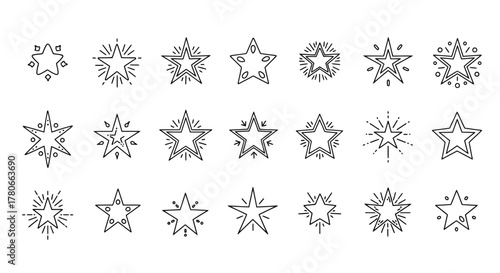 A diverse collection of outline star icons, featuring various designs with radiating lines, perfect for festive celebrations, awards, and decorative graphic elements