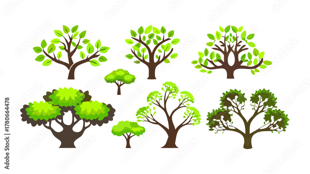 Obraz premium Diverse Green Trees Illustration: A collection of various trees with lush green foliage, showcasing diverse shapes and sizes, perfect for adding a touch of nature to your project. 
