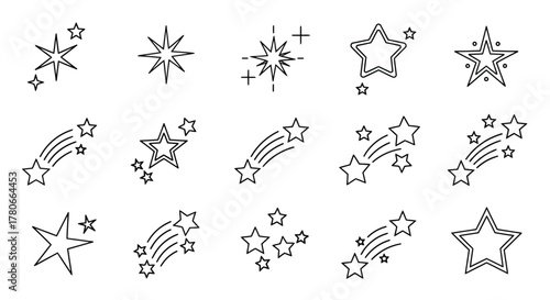 Collection of various star icons, including shooting stars, sparkles, and star clusters for design