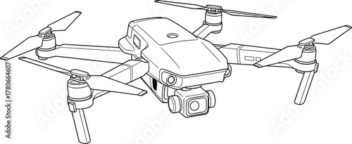 CAD Drawing Flat Vector Illustration of Quadcopter Drone with Gimbal-Mounted Camera, Four Rotors, and Foldable Arms for Aerial Photography