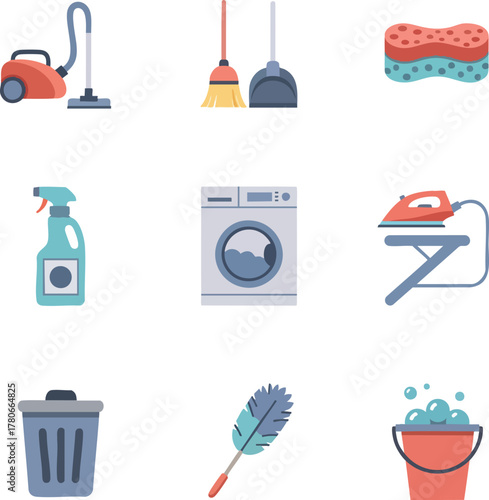A cheerful set of flat design vector icons showcasing essential household cleaning and laundry tools and supplies. Perfect for domestic service apps