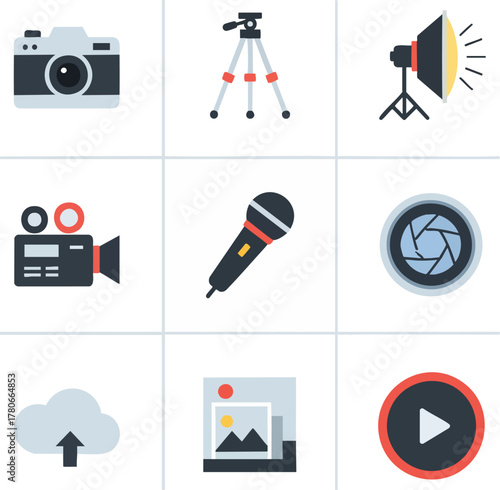 A clean, flat vector icon set featuring photography and videography equipment