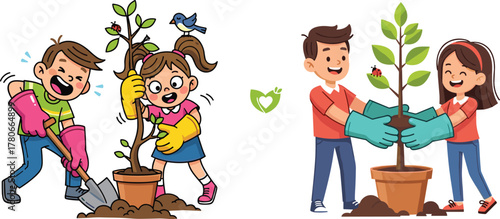 Happy children planting trees together, kids gardening, teamwork, green environment, save earth, eco friendly lifestyle, nature care, cartoon illustration