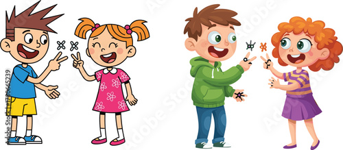 Happy kids playing rock paper scissors game, fun childhood activity, friendship, laughter, teamwork, cartoon illustration, learning social interaction skills