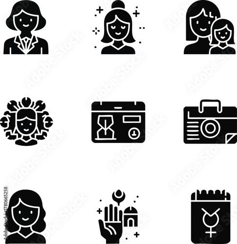 A collection of black glyph icons representing women in various roles: professional, mother-daughter, historical figure, and with symbols of achievement and equality