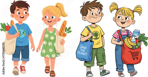 Happy kids shopping with reusable bags, eco friendly lifestyle illustration, children carrying groceries, sustainability, save the planet, environmental awareness concept