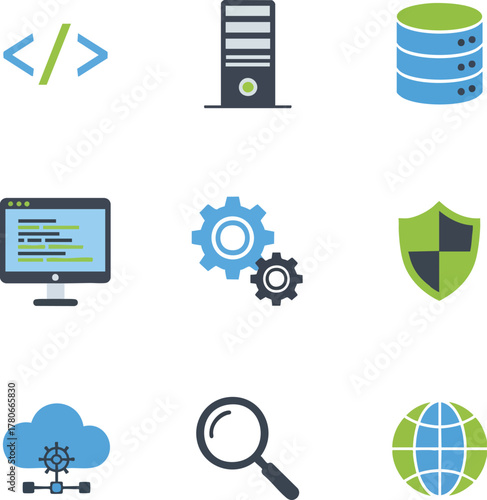 A collection of colorful flat icons related to technology, coding, and business