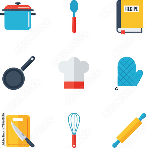 A collection of colorful flat icons representing kitchen utensils and cooking equipment, perfect for culinary themes and recipe illustrations