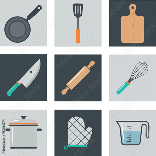 A collection of essential kitchen tools and cooking utensils, including a frying pan, spatula, cutting board, knife, rolling pin, whisk, pot, oven mitt, and measuring cup