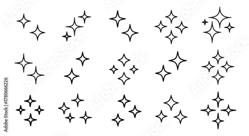 Collection of varied sparkle and shine effect icons, with star and glimmer shapes. Symbolizes brightness, magic, purity, and celebration for graphic design projects