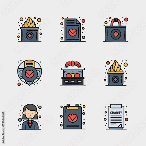 A collection of flat design vector icons related to charity, donation, and humanitarian aid