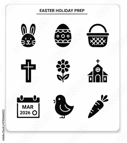 A collection of glyph icons related to Easter holiday preparation