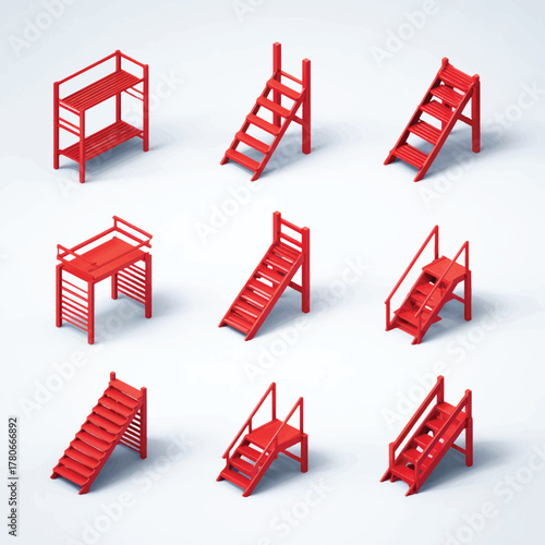 3D red staircase icon set, modern vector illustration with smooth gradients and soft shadows, symbolizing progress, success, business growth, and achievement on white isolated background.