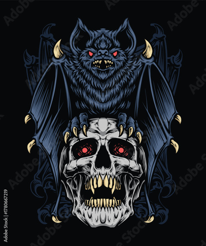 scary bat holding skull vector illustration
