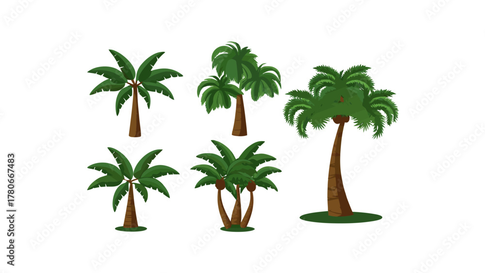 Obraz premium Palm Tree Collection: A cluster of vibrant palm trees, each with its unique shape and lush green fronds, evokes a sense of tropical paradise and natural beauty. 
