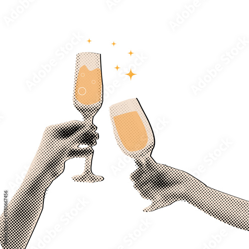 Female hands holding champagne glasses in halftone style ,New year and Christmas celebration concept