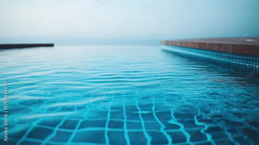 Obraz premium Sunlit Swimming Pool with Sparkling Water and Lounge Chairs in Background