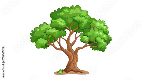 Vibrant tree illustration: A lush, verdant tree, bursting with life, stands in serene simplicity, its full crown casting a gentle shadow. Its natural beauty represents the essence of nature.