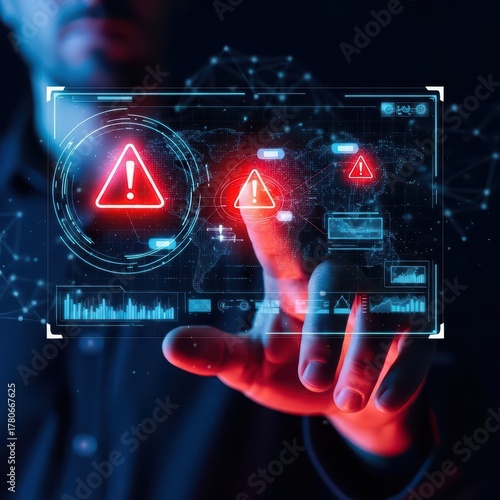 Man touching virtual screen with global map and warning signs. Cybersecurity threat detection and data breach alert concept. Identity theft protection.
