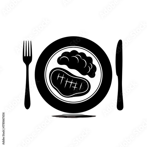 Black and white illustration of steak on plate with cutlery  