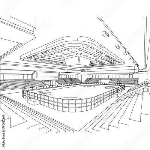 Ice hockey rink sketch with seating and overhead lights  