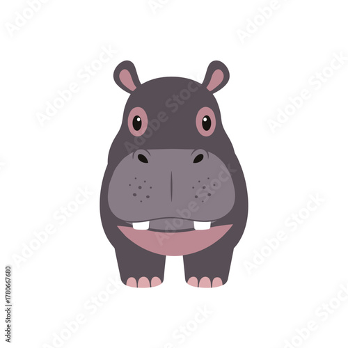 Cartoon hippo character smiling in flat design style  