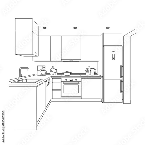 Minimalist kitchen interior design with cabinets and appliances  