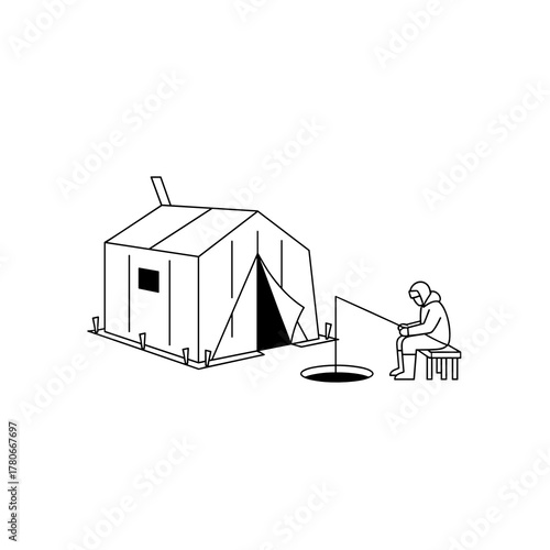 Ice fisherman sitting on stool and fishing from hole in ice  