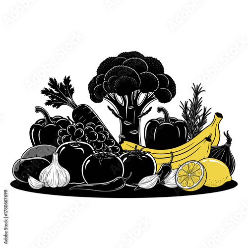 Variety of fresh vegetables and fruits in black and white illustration  