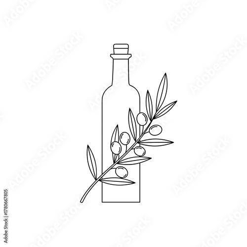 Olive oil bottle with olive branch in minimalist line art style  